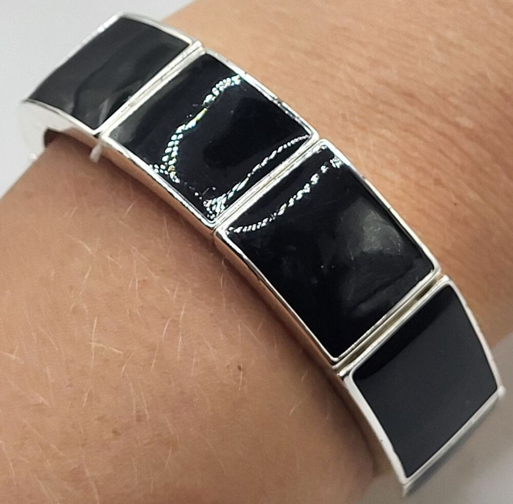 VTG MCM Modernist Silver Black Panel Link Statement Bangle Cuff Bracelet Stretch